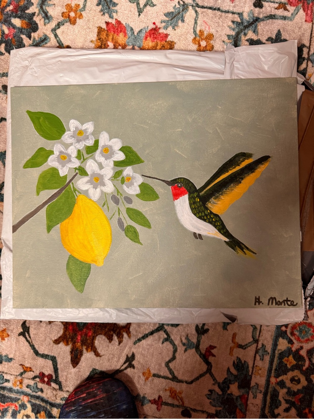 Hummingbird & Lemon Floral Acrylic Painting